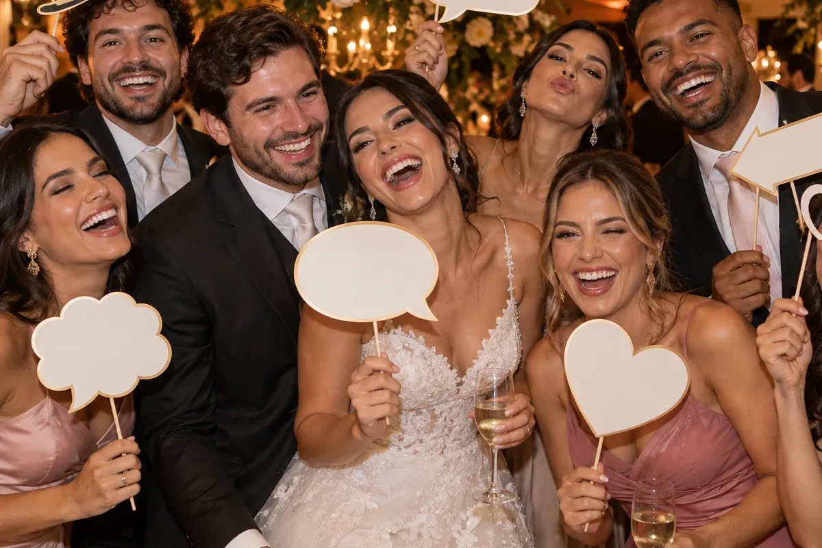 Convidados se divertem com plaquinhas sem texto durante uma festa de casamento