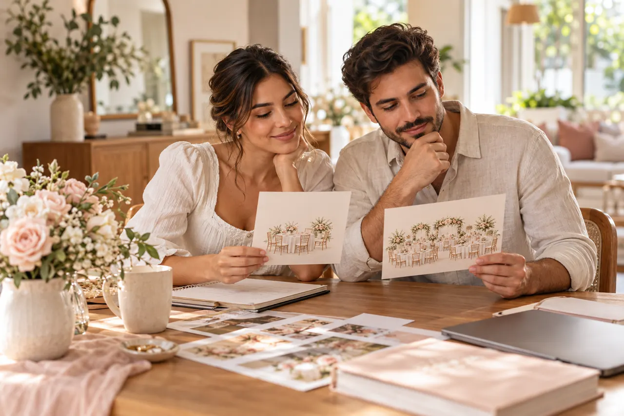 Casal comparando os formatos de casamento grande e casamento pequeno