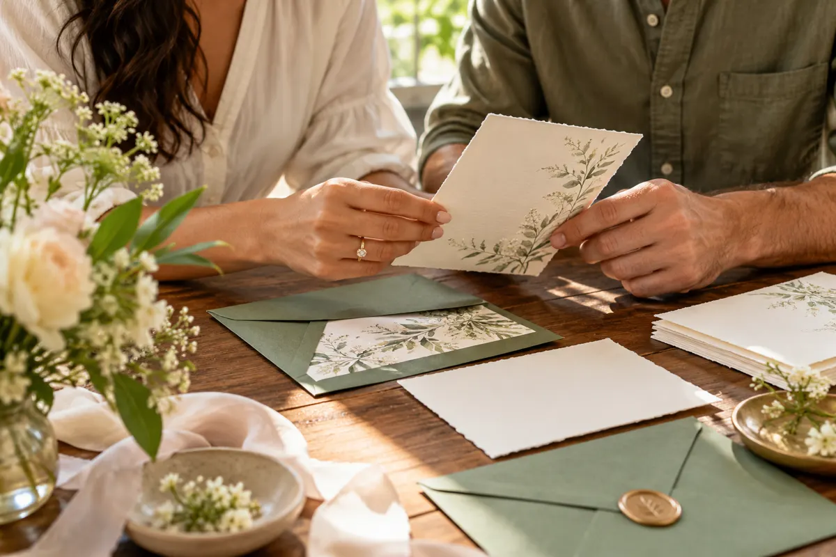 Casal revisa convite de casamento com envelopes e papelaria floral