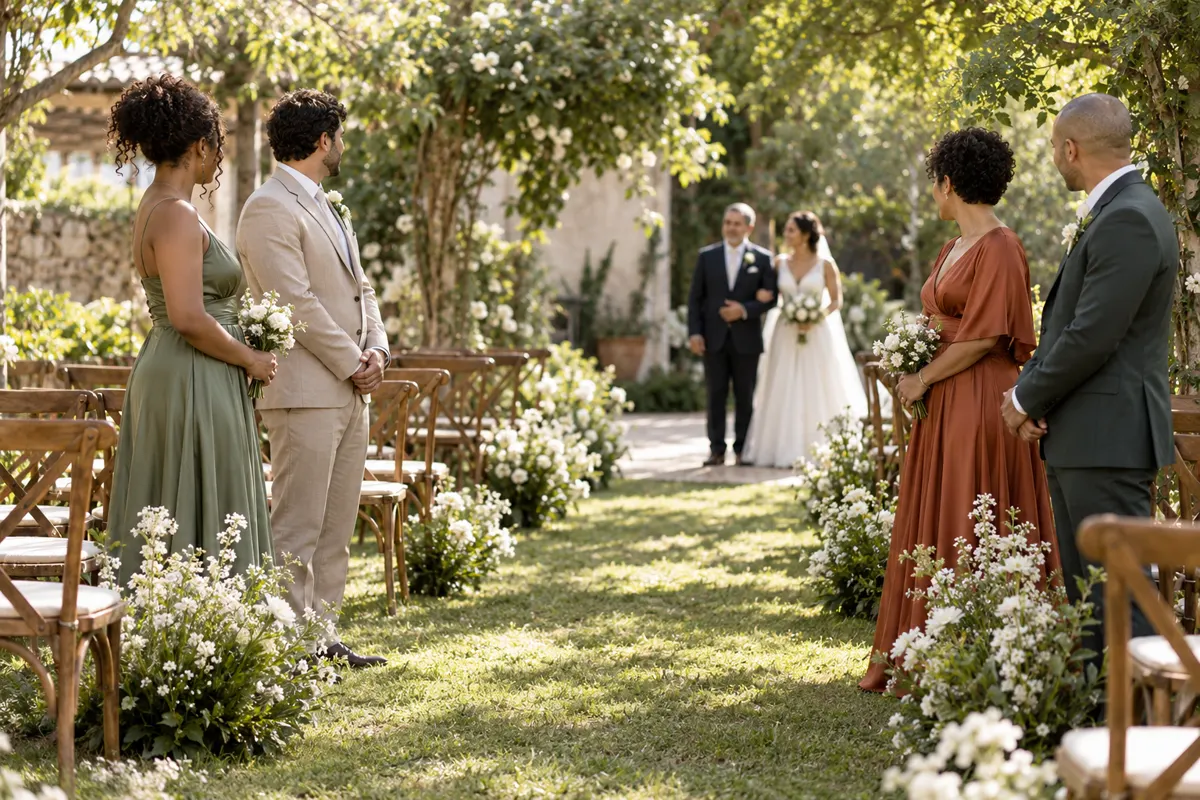 Pessoas do cortejo aguardam a entrada do casal em cerimônia de casamento ao ar livre