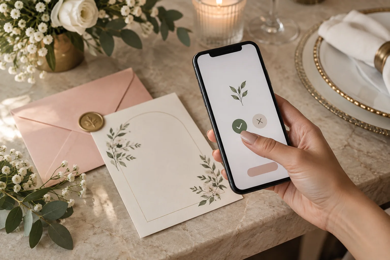 Convidada confirma presença no casamento pelo celular ao lado de um convite floral