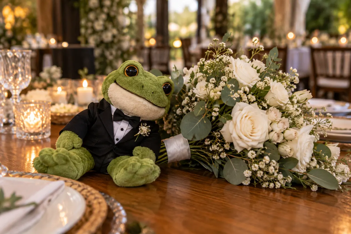 Sapinho de pelúcia vestido de noivo ao lado de buquê em mesa de casamento