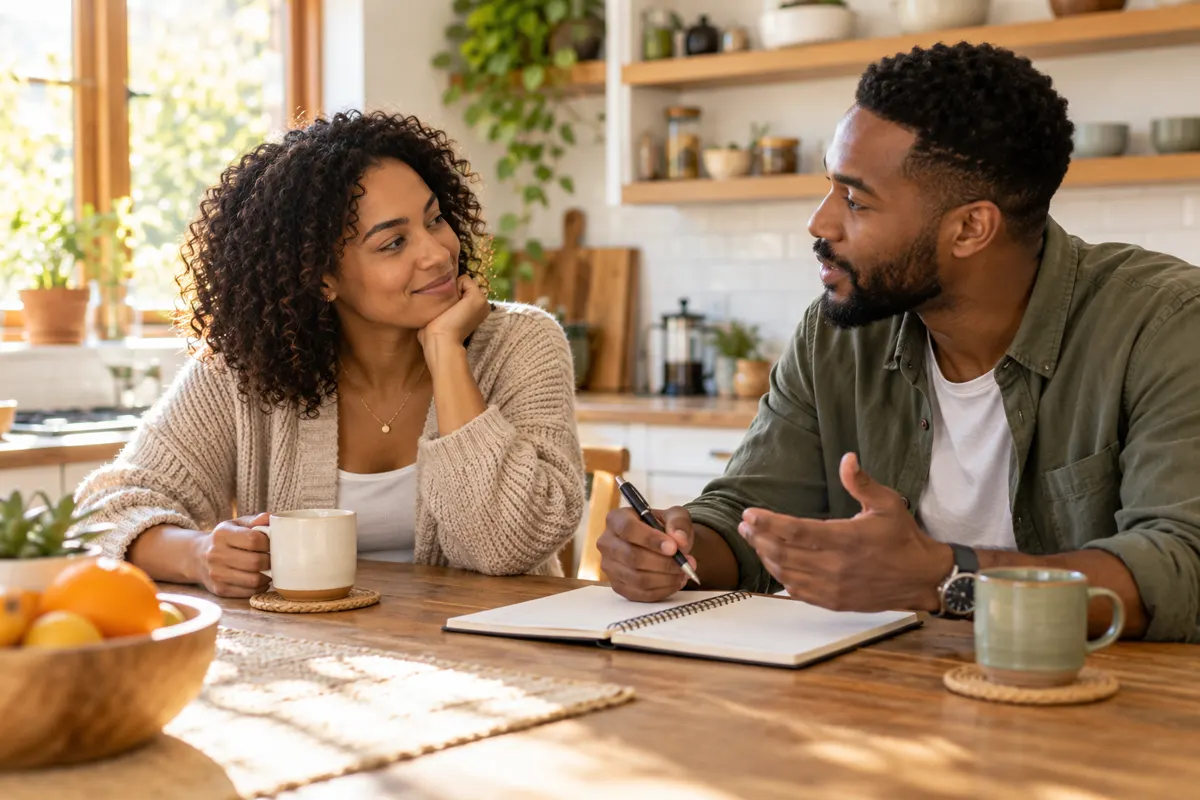Casal conversa com calma à mesa sobre planos e cuidados pessoais