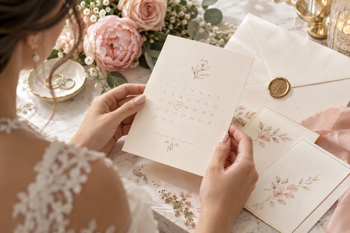 Noiva segurando um cartão save the date com calendário entre flores e convites