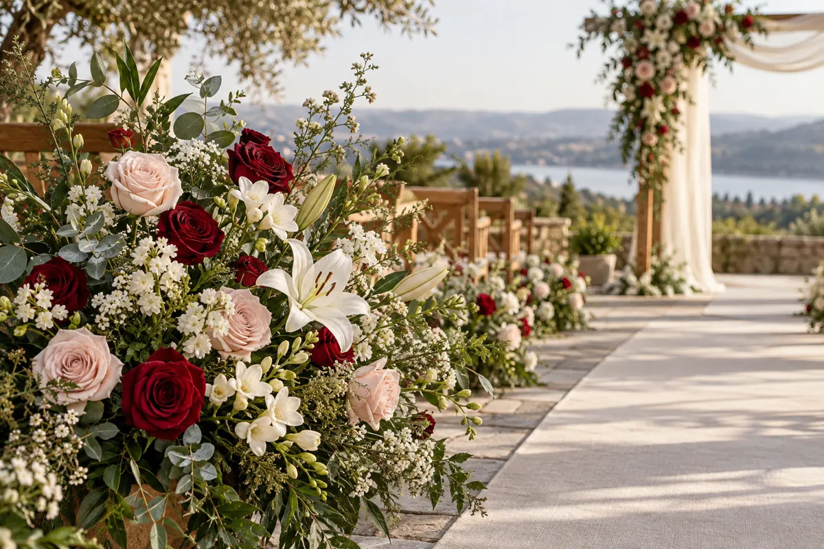 Arranjo de cerimônia com rosas vermelhas e claras, lírios e folhagens