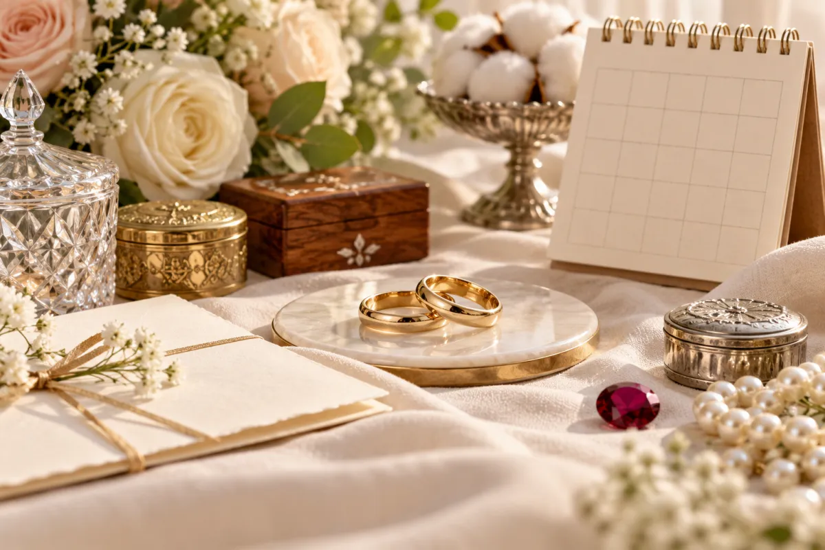 Alianças cercadas por papel, algodão, madeira, cristal, prata, pérola, rubi e ouro