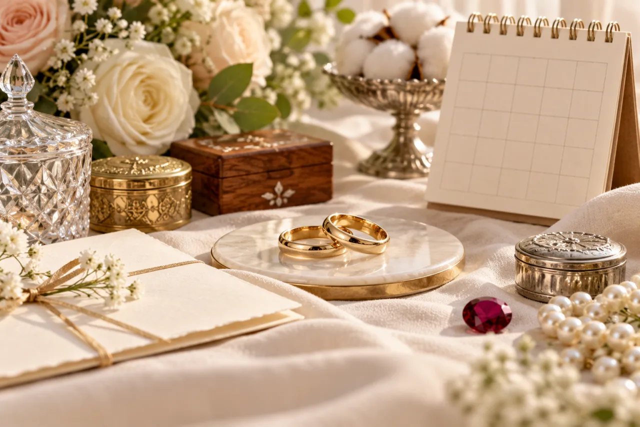 Alianças cercadas por papel, algodão, madeira, cristal, prata, pérola, rubi e ouro