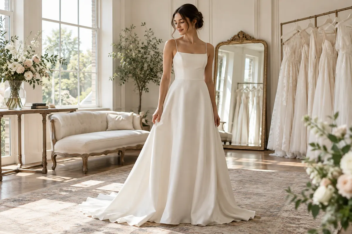 Noiva em atelier usando vestido minimalista de linhas limpas