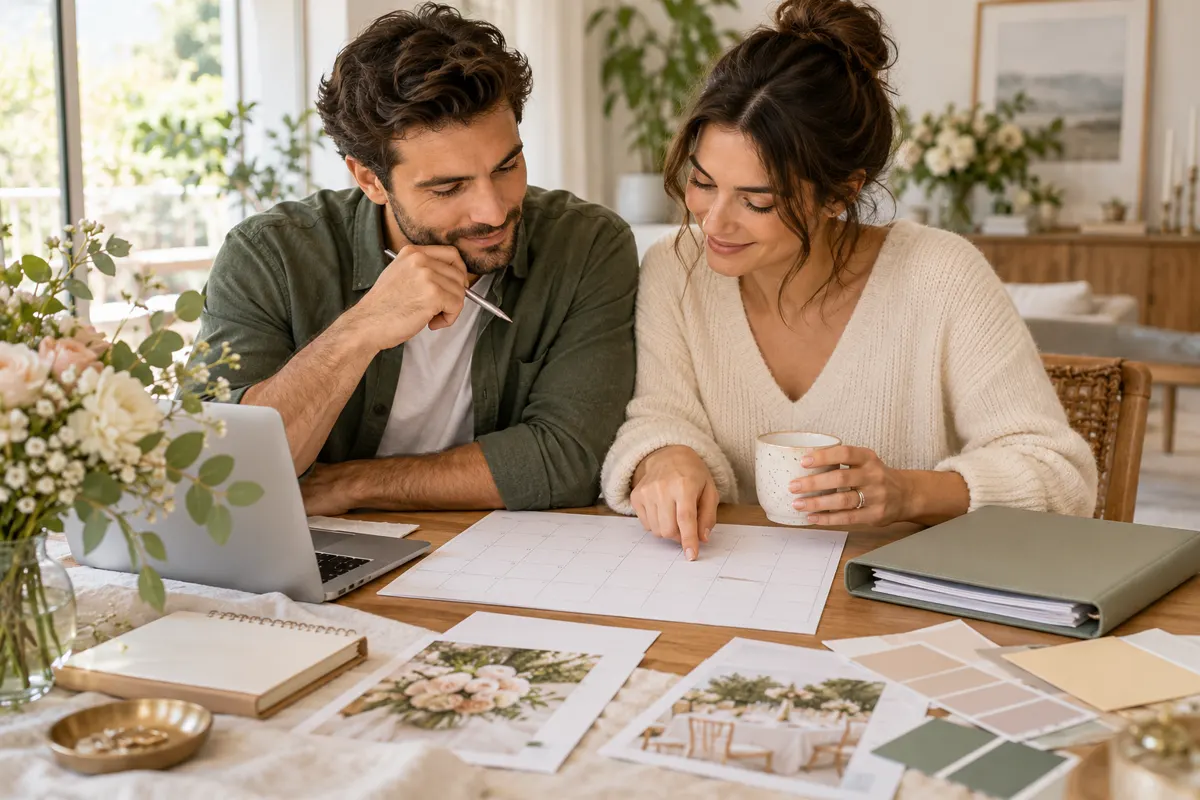 Casal revê calendário e documentos do casamento em casa