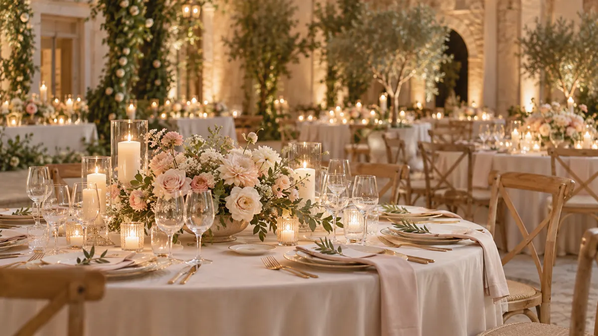 Flores rosa suave e tecidos creme em mesa de recepção