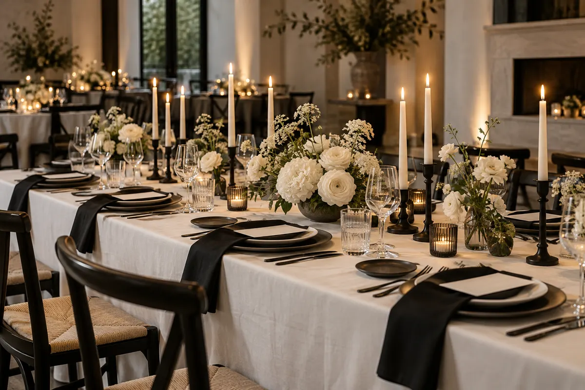 Mesa de casamento preto e branco com toalha clara, guardanapos escuros, flores brancas e velas