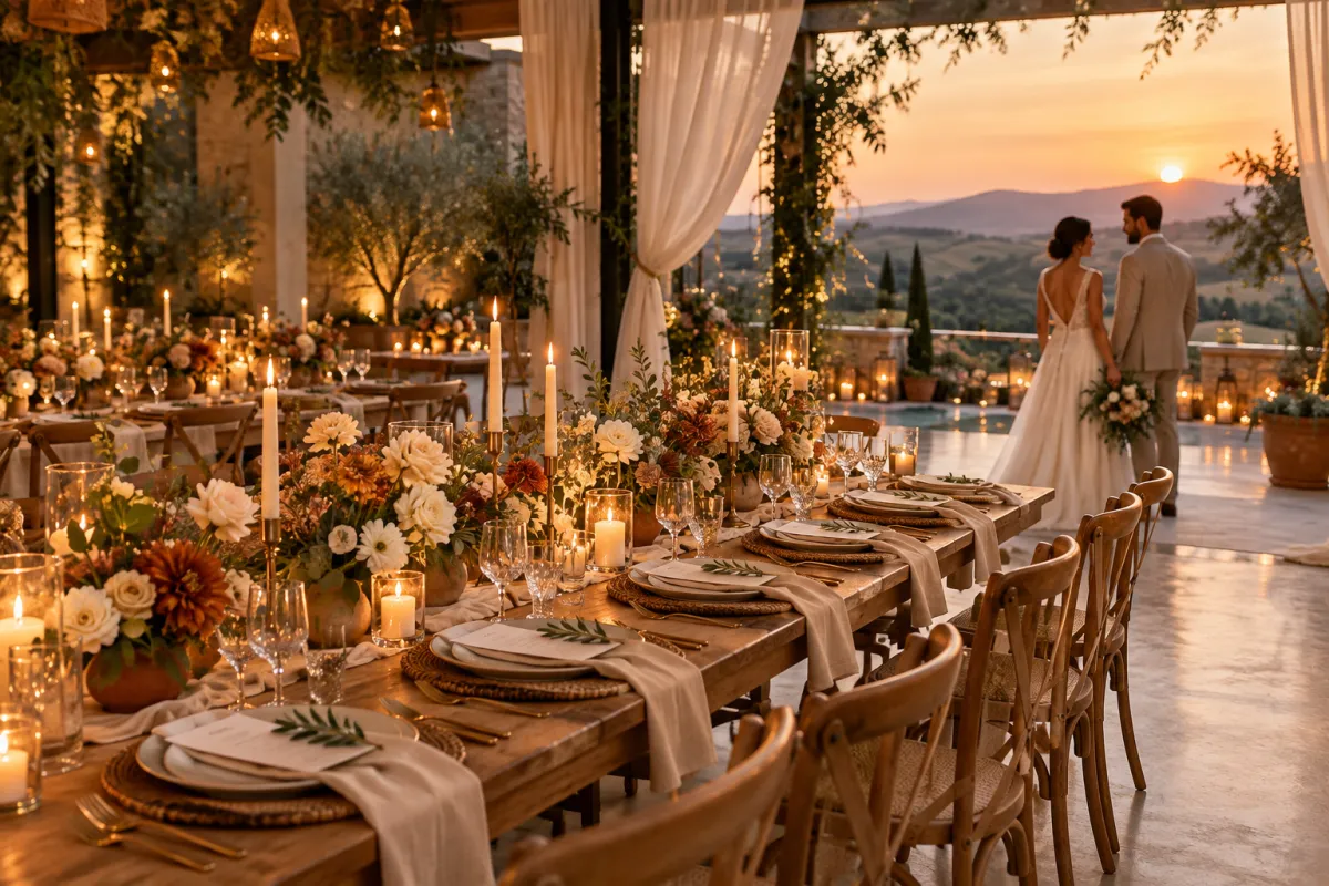 Recepção de casamento intimista com mesa longa, flores sazonais e velas