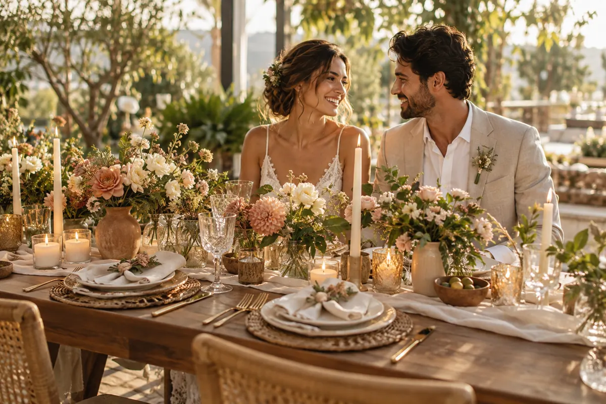 Mesa de casamento com flores sazonais, velas e detalhes personalizados