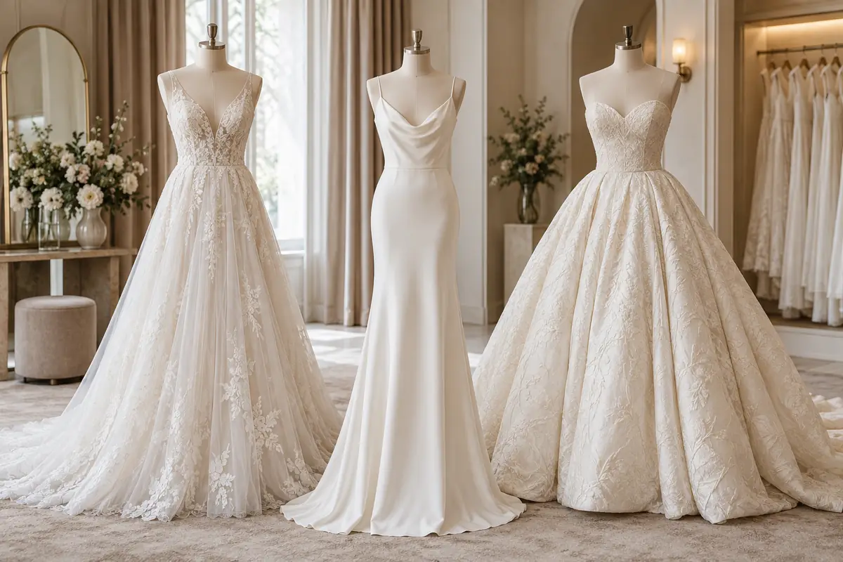 Vestidos de noiva em silhuetas evasê, reta e princesa apresentados em um ateliê