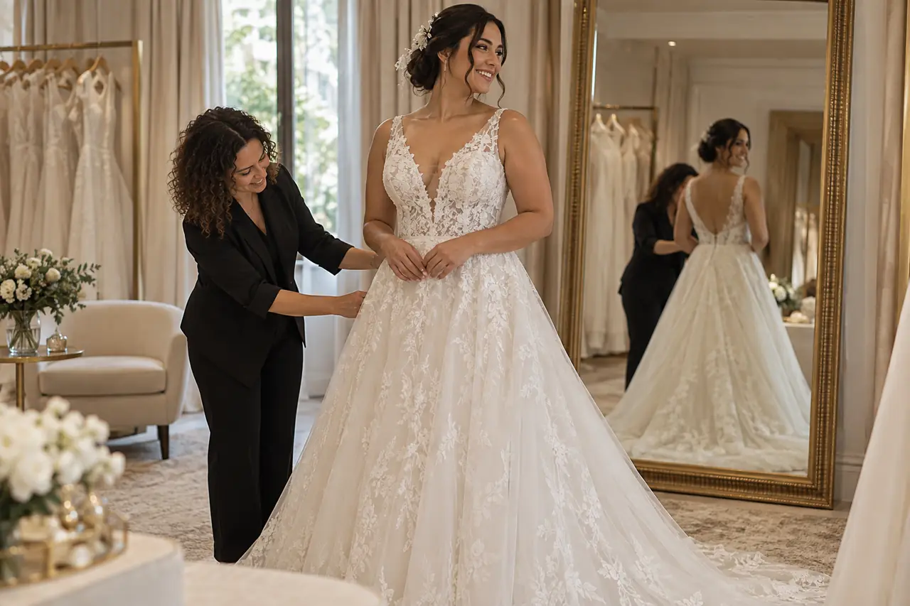 Noiva prova vestido em ateliê com ajuda de uma consultora