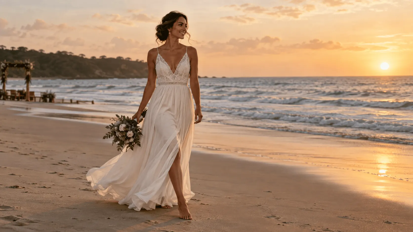 Noiva caminha na praia com vestido leve e fluido