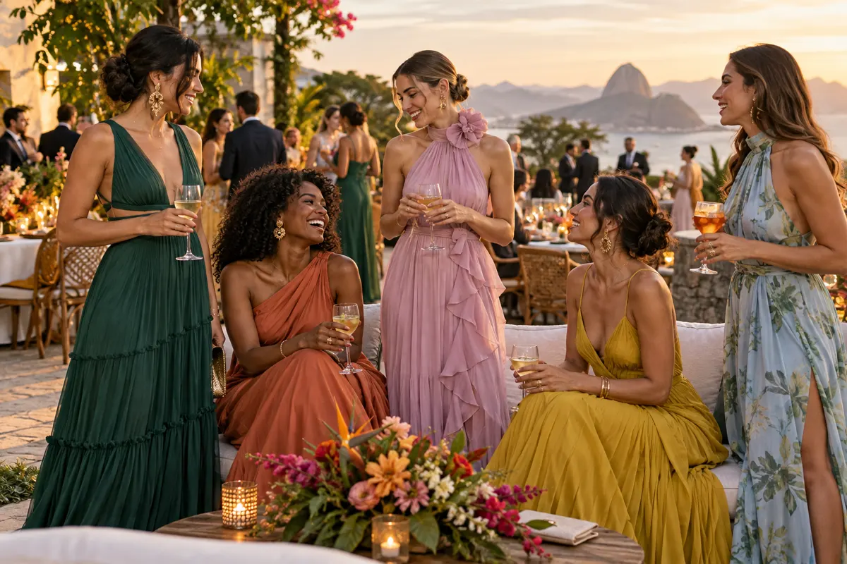 Convidadas usam vestidos de diferentes cores em recepção ao ar livre