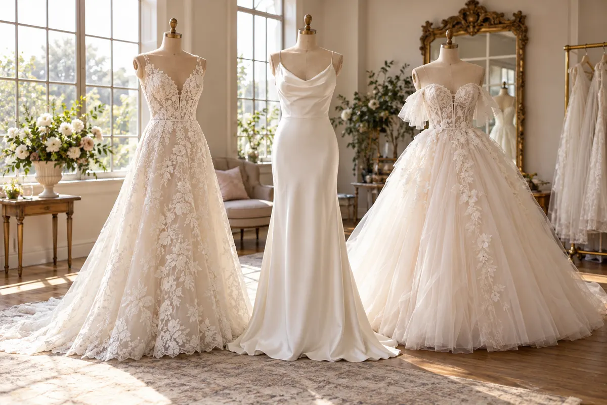 Três vestidos de noiva ilustrativos em atelier, com silhuetas e tecidos diferentes