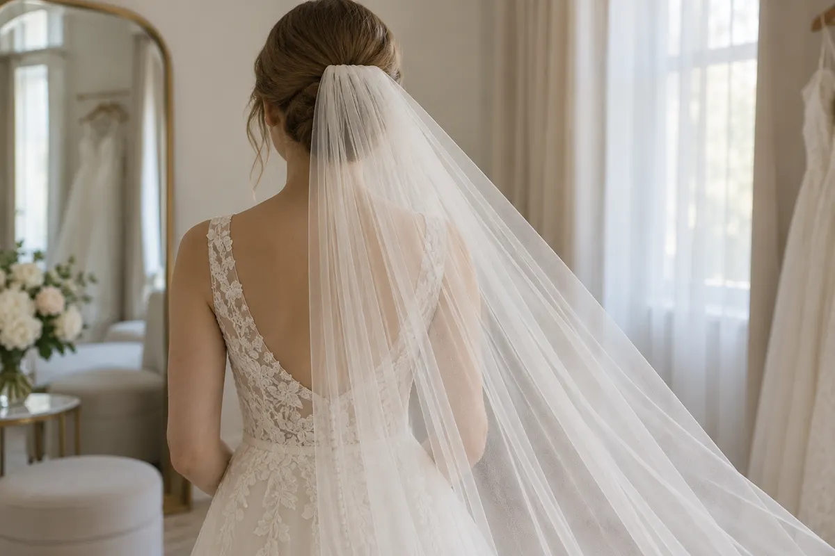 Véu clássico de tule preso a coque baixo sobre vestido de noiva rendado