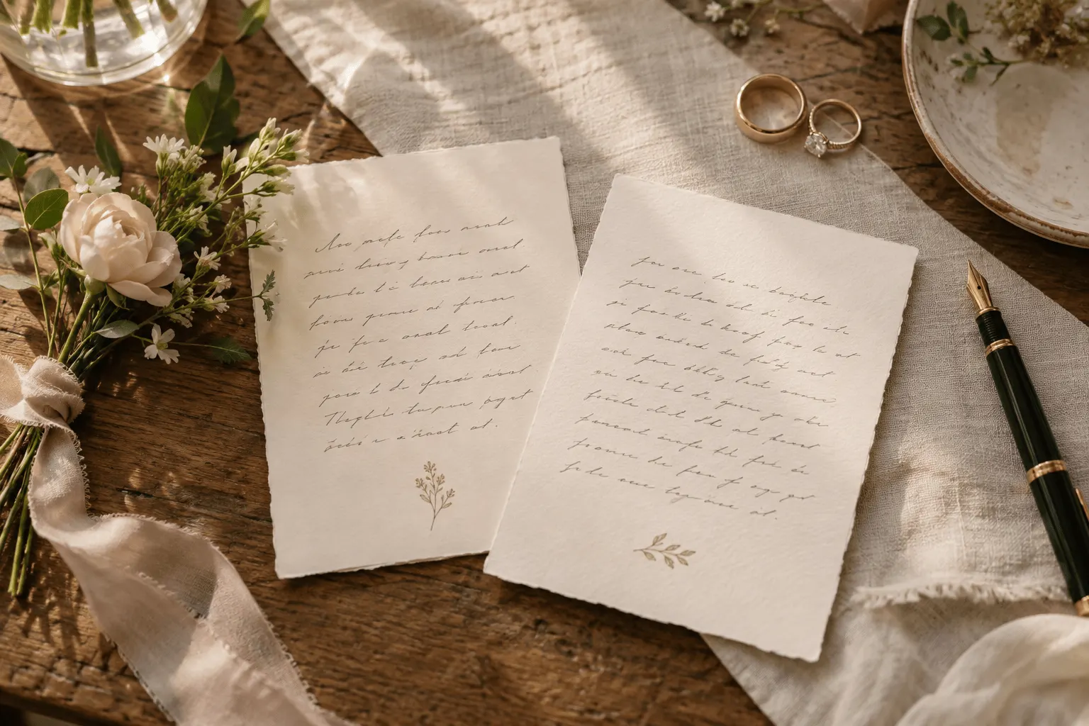Cartões com votos de casamento escritos à mão