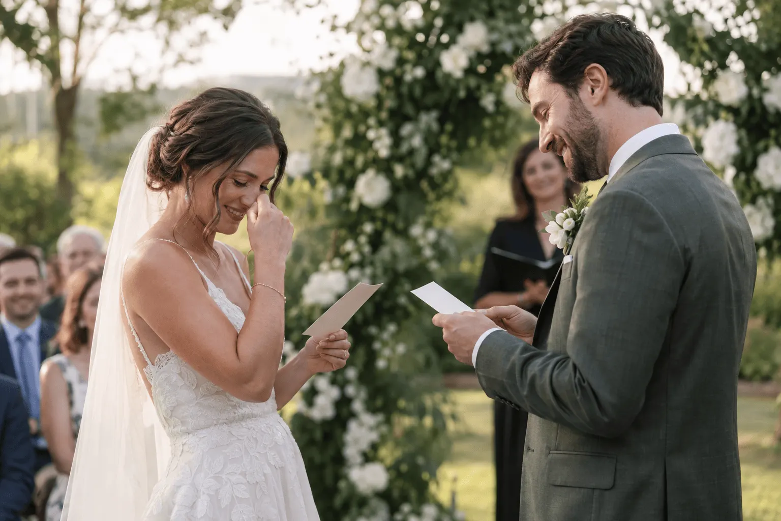 Casal lê votos durante uma cerimônia de casamento